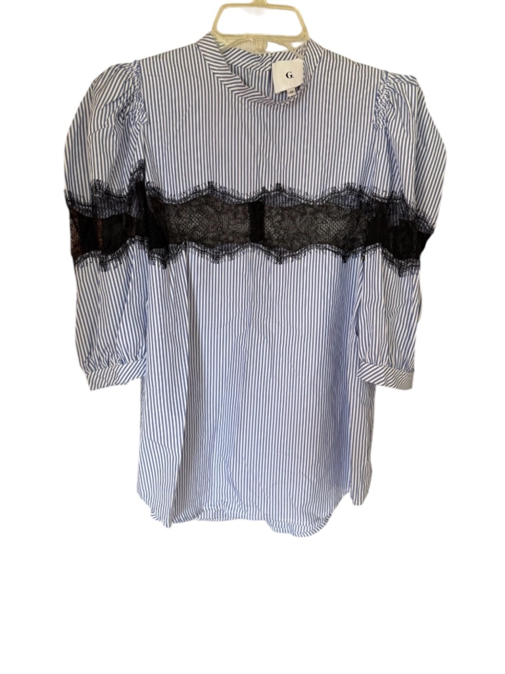 G. Label by Goop Blue and White Striped Short Sleeve Top with Black Lace | 8